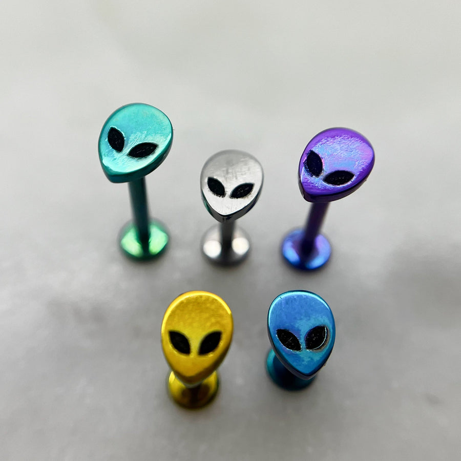Titanium alien-head jewelry ends in five finishes on flat-back posts