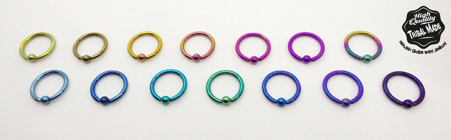 Titanium captive bead rings arranged by anodized colour