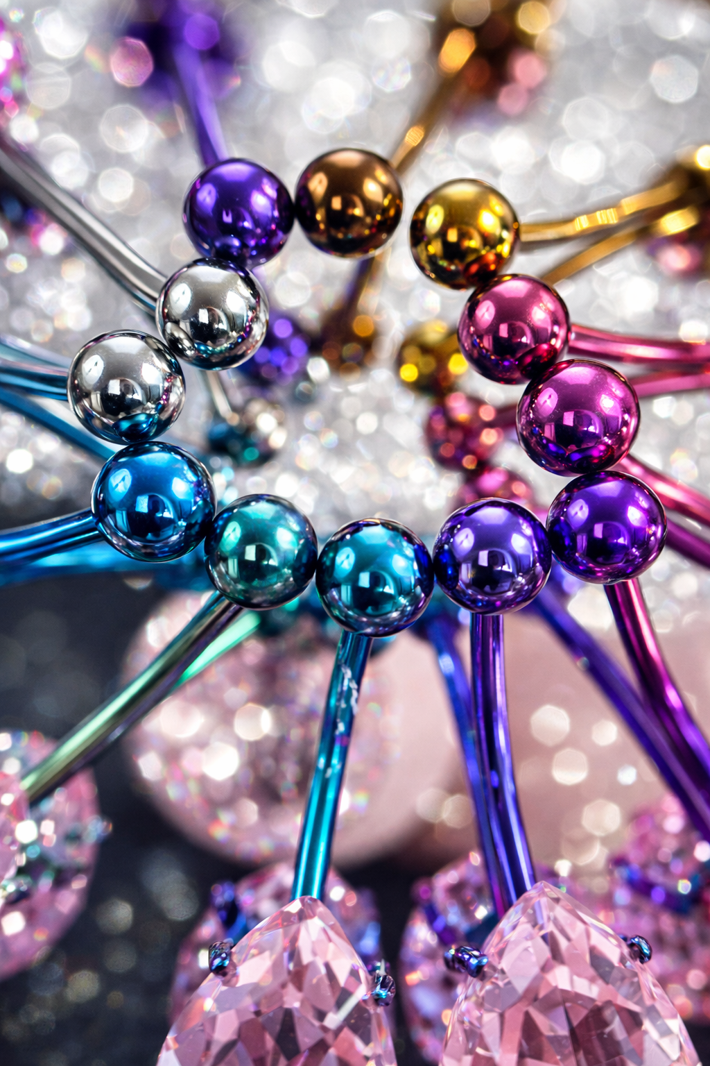 Colourful anodized titanium curved barbells arranged in a fan