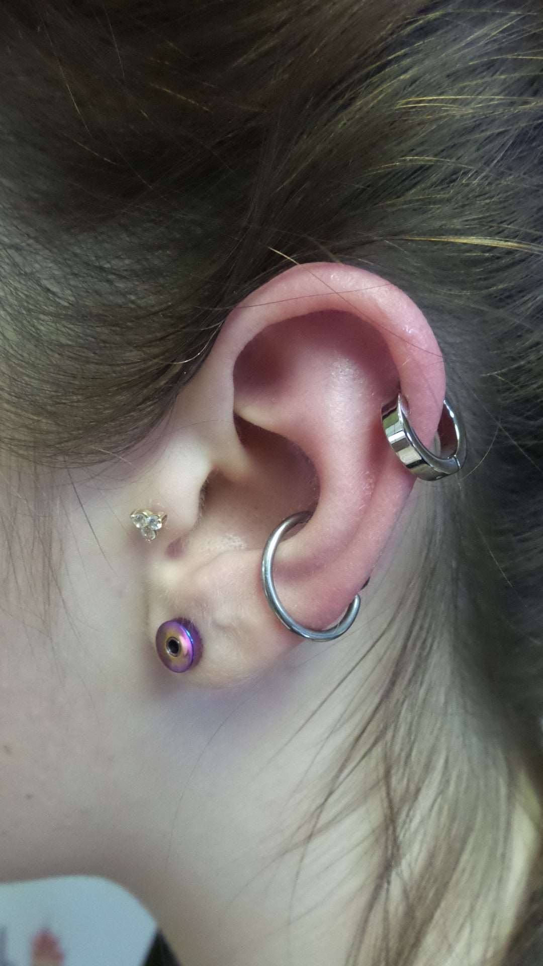 Polished titanium clickers worn in a curated ear