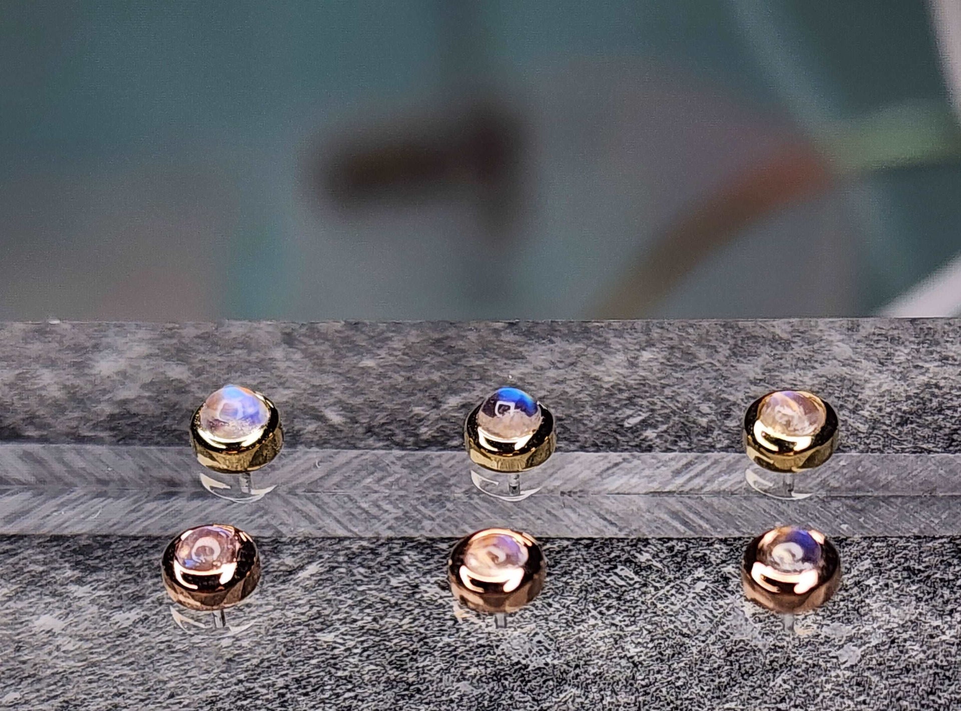 Solid 14k Yellow and rose gold threadless 4mm Cabachon set Genuine Blue Moonstones