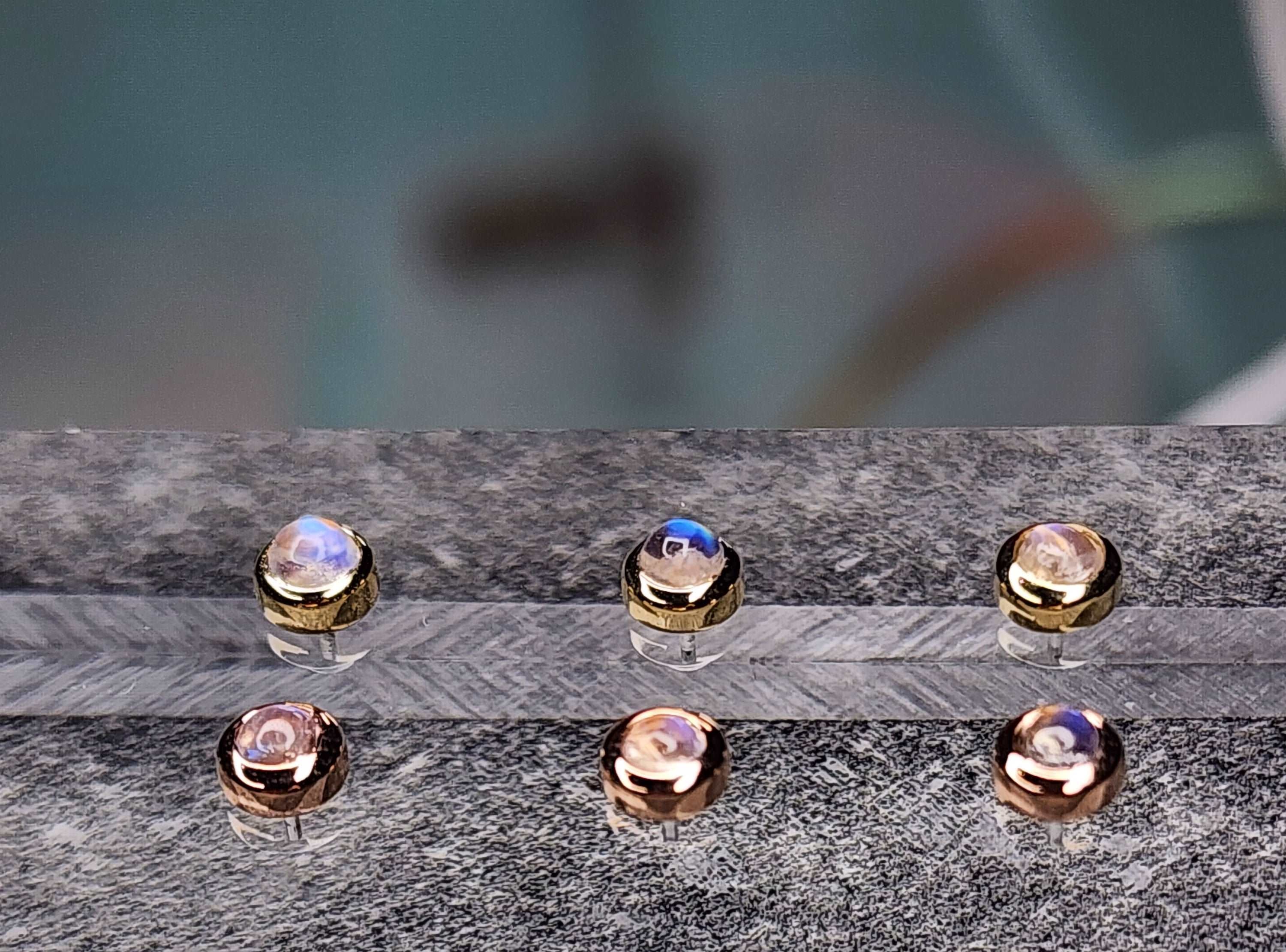 Solid 14k Yellow and rose gold threadless 4mm Cabachon set Genuine Blue Moonstones