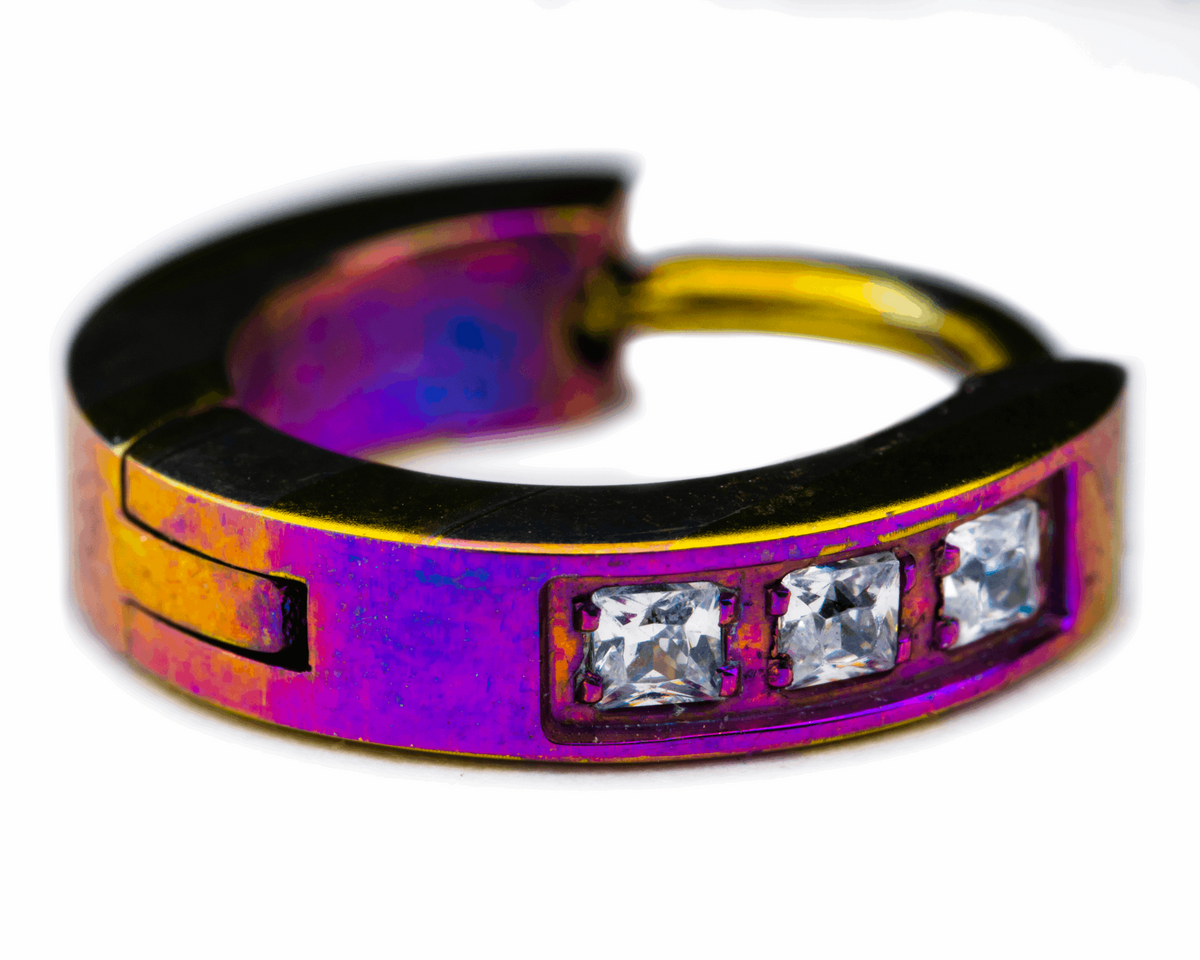 Pink and yellow patterned titanium clicker with square clear gemstones