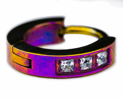 Pink and yellow patterned titanium clicker with square clear gemstones