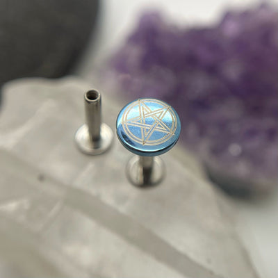 Blue titanium pentagram disc mounted on a flat-back post