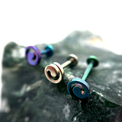 Spiral-shaped titanium jewelry ends in assorted anodized colours