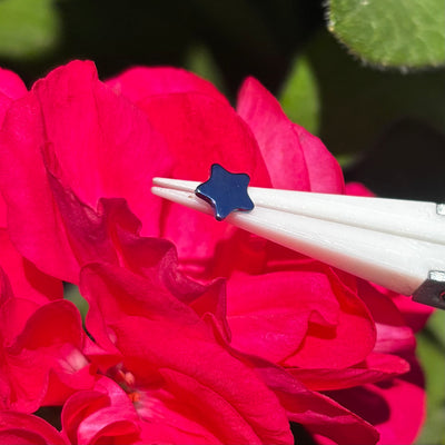 Dark blue titanium star end held with tweezers against pink flowers