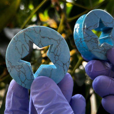 Blue synthetic turquoise star-cutout plugs held against foliage