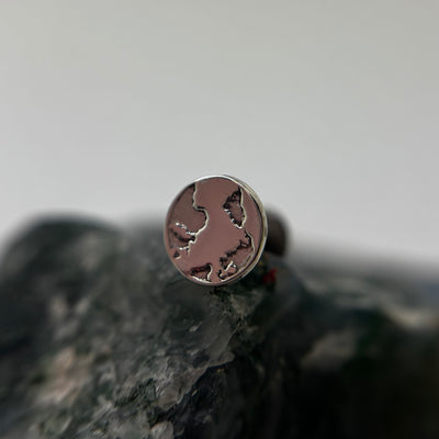 Silver Earth-shaped threadless end with engraved continents on a flat-back post