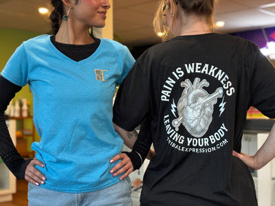 Blue and black Tribal Expression T-shirts showing front and back designs