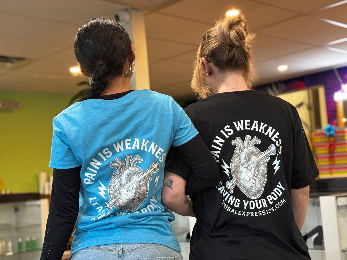 Back designs on blue and black Tribal Expression T-shirts