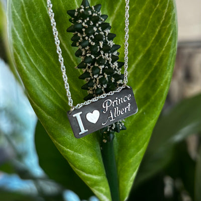 Silver I Love Prince Albert pendant and chain on a green leaf