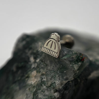 Silver knit beanie-shaped jewelry end on a flat-back post