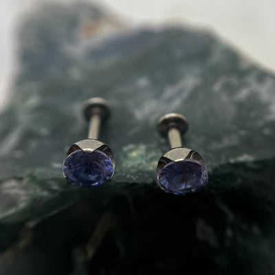 Purple cubic zirconia titanium ends on flat-back posts