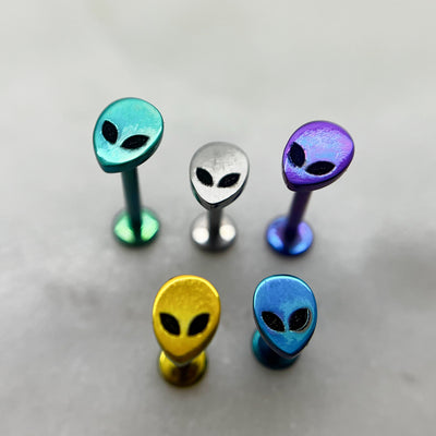 Titanium alien-head jewelry ends in five finishes on flat-back posts