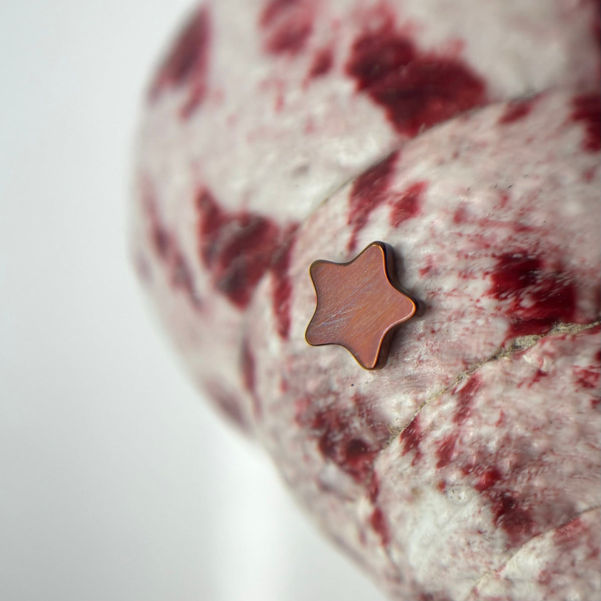 Bronze-toned titanium star-shaped jewelry end on patterned fabric