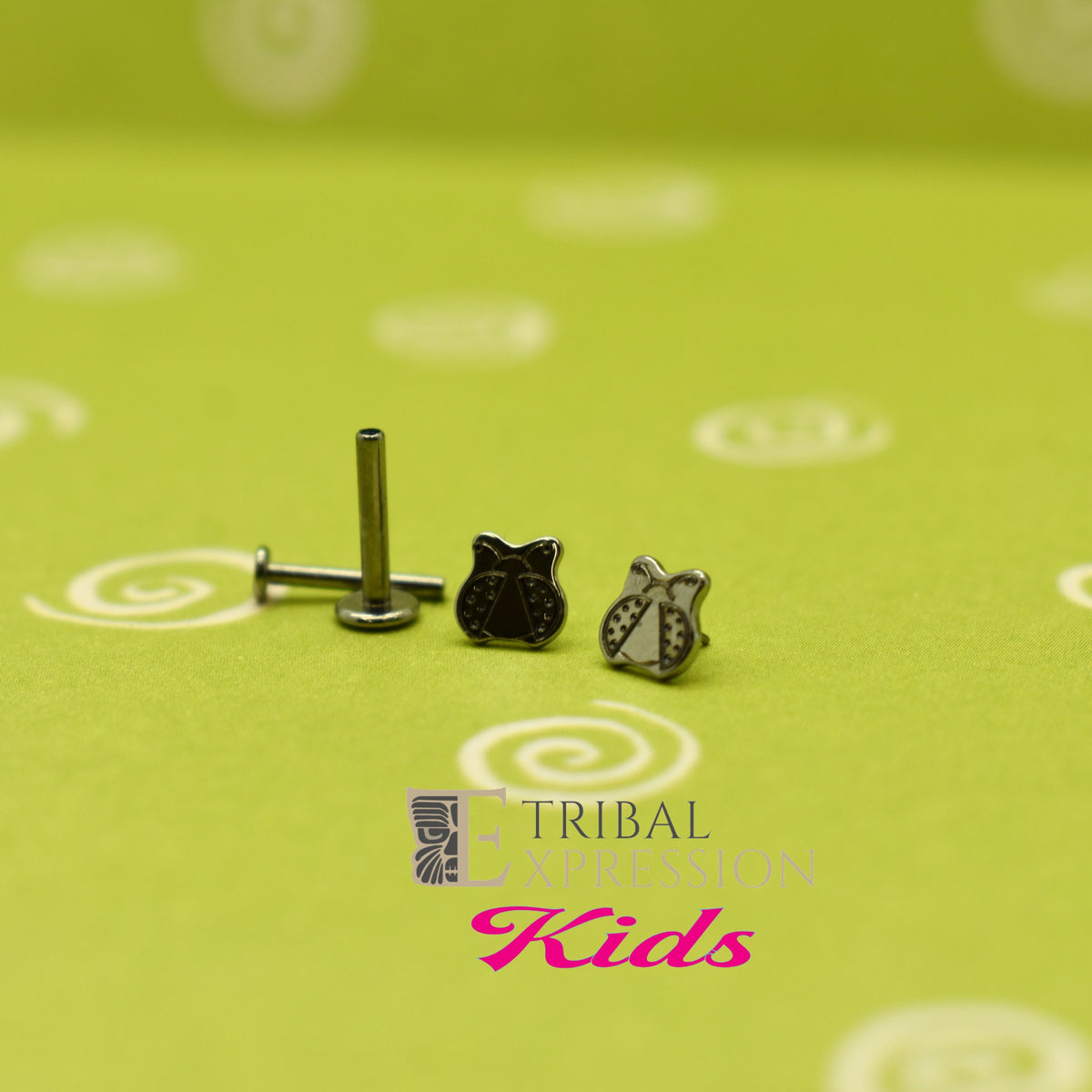 Ladybug-shaped titanium jewelry ends beside a flat-back post