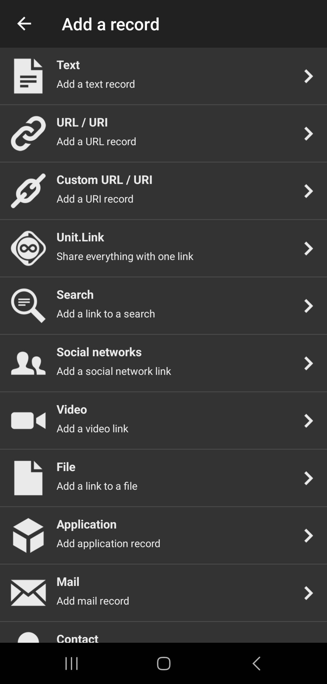 NFC app list of record types for programming a ring
