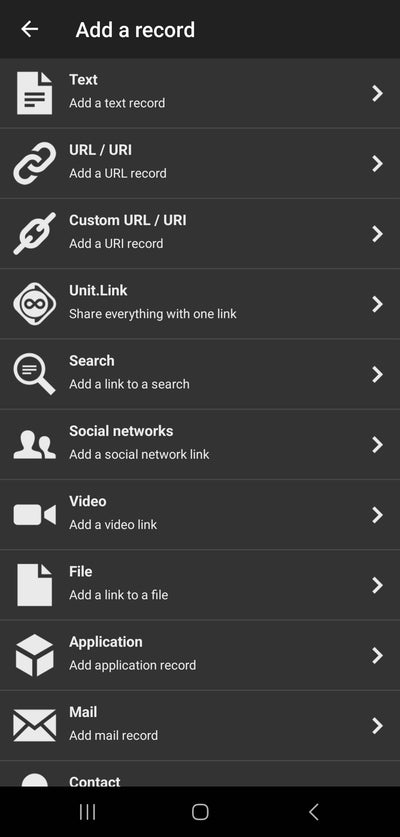 NFC app list of record types for programming a ring