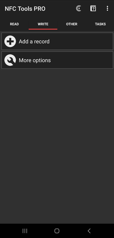 NFC Tools Pro app showing the Write tab and Add a record option