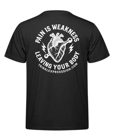 Back of black Tribal Expression T-shirt with heart graphic and Pain Is Weakness Leaving Your Body text