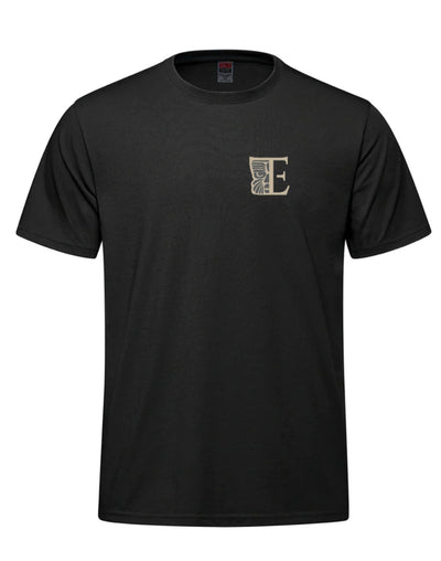 Front of black Tribal Expression T-shirt with a small chest logo