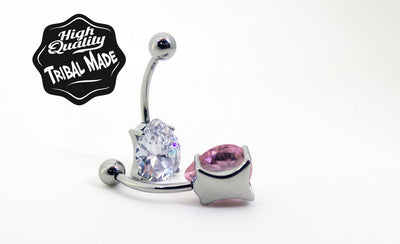 Titanium navel bars with clear and pink teardrop gemstones