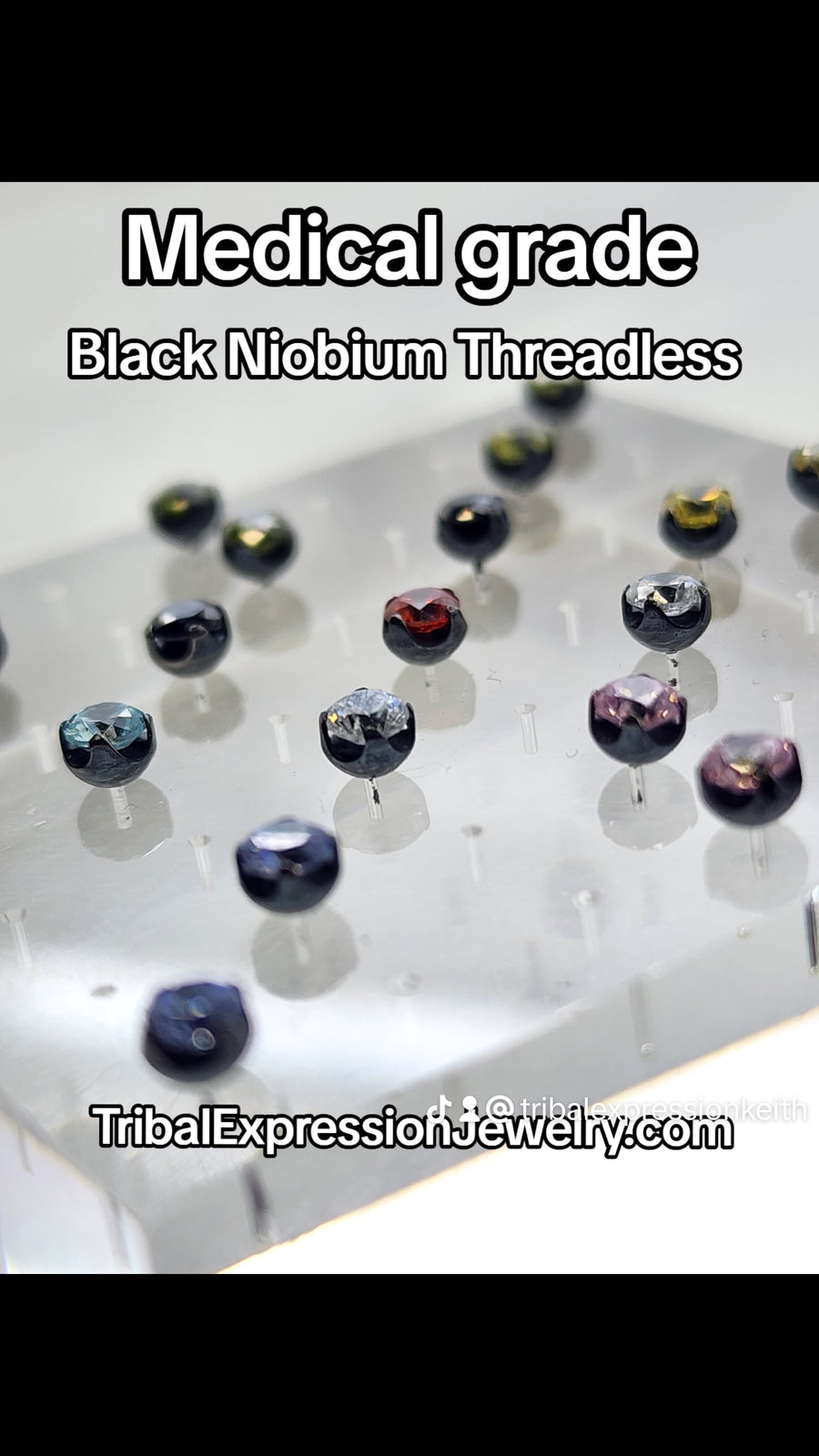 Black niobium threadless gemstone ends displayed by colour
