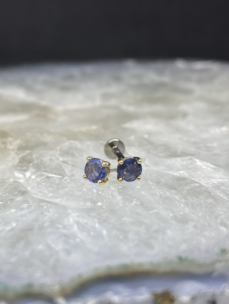 14kt Yellow Gold Rose Cut Blue Sapphire Threadless Earrings-1