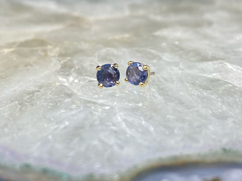 14kt Yellow Gold Rose Cut Blue Sapphire Threadless Earrings