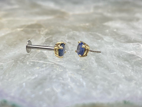 14kt Yellow Gold Rose Cut Blue Sapphire Threadless Earrings