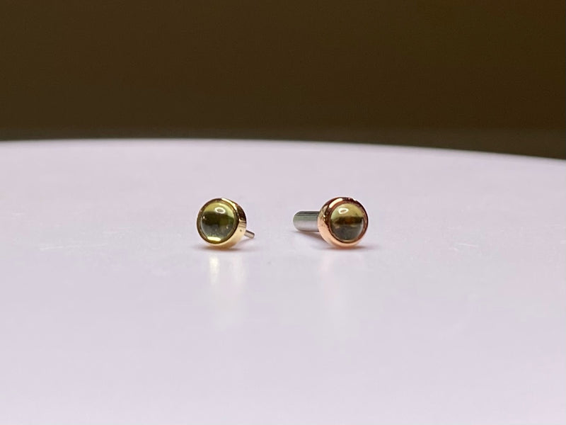 14kt Yellow and Rose Gold 3mm Peridot Cabochon Bezel Set Threadless Stud Tribal Expression Jewelry