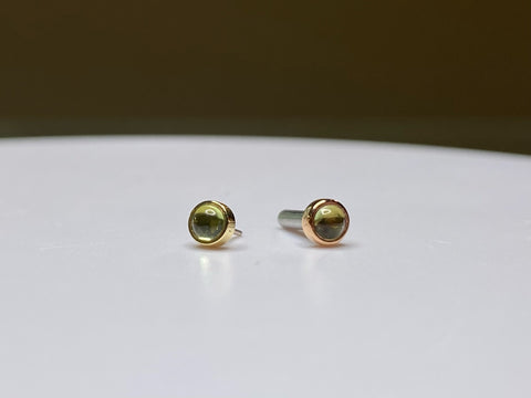 14kt Yellow and Rose Gold 3mm Peridot Cabochon Bezel Set Threadless Stud Tribal Expression Jewelry