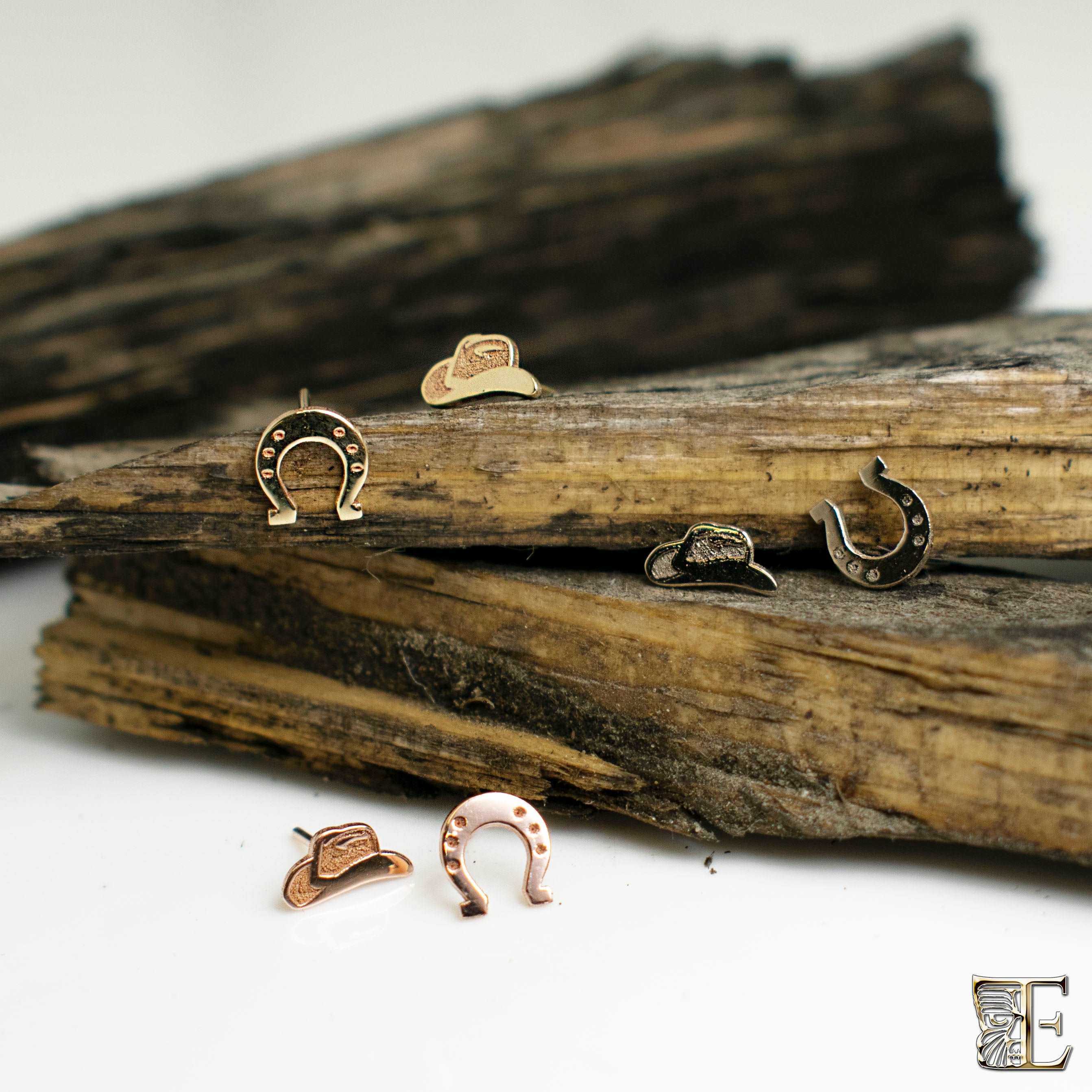 Solid 14k Yellow, Rose and White Gold threadless tops. Stampede collection featuring: Cowboy hats and Horse shoes