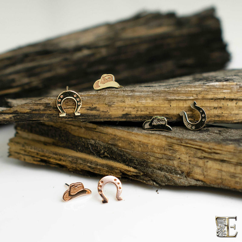 Solid 14k Yellow, Rose and White Gold threadless tops. Stampede collection featuring: Cowboy hats and Horse shoes