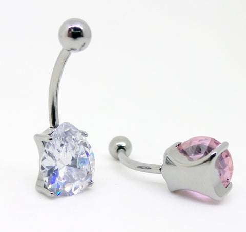 Titanium Pear shaped curved navel bar with both a Clear cz and a Pink cz