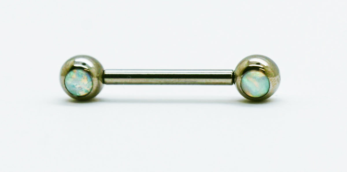 Titanium front-facing barbell with green synthetic opal ends
