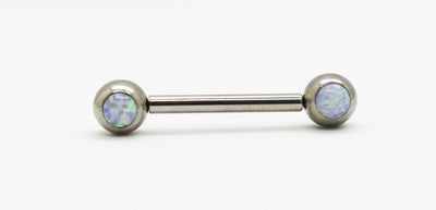 Titanium front-facing barbell with pale synthetic opal ends
