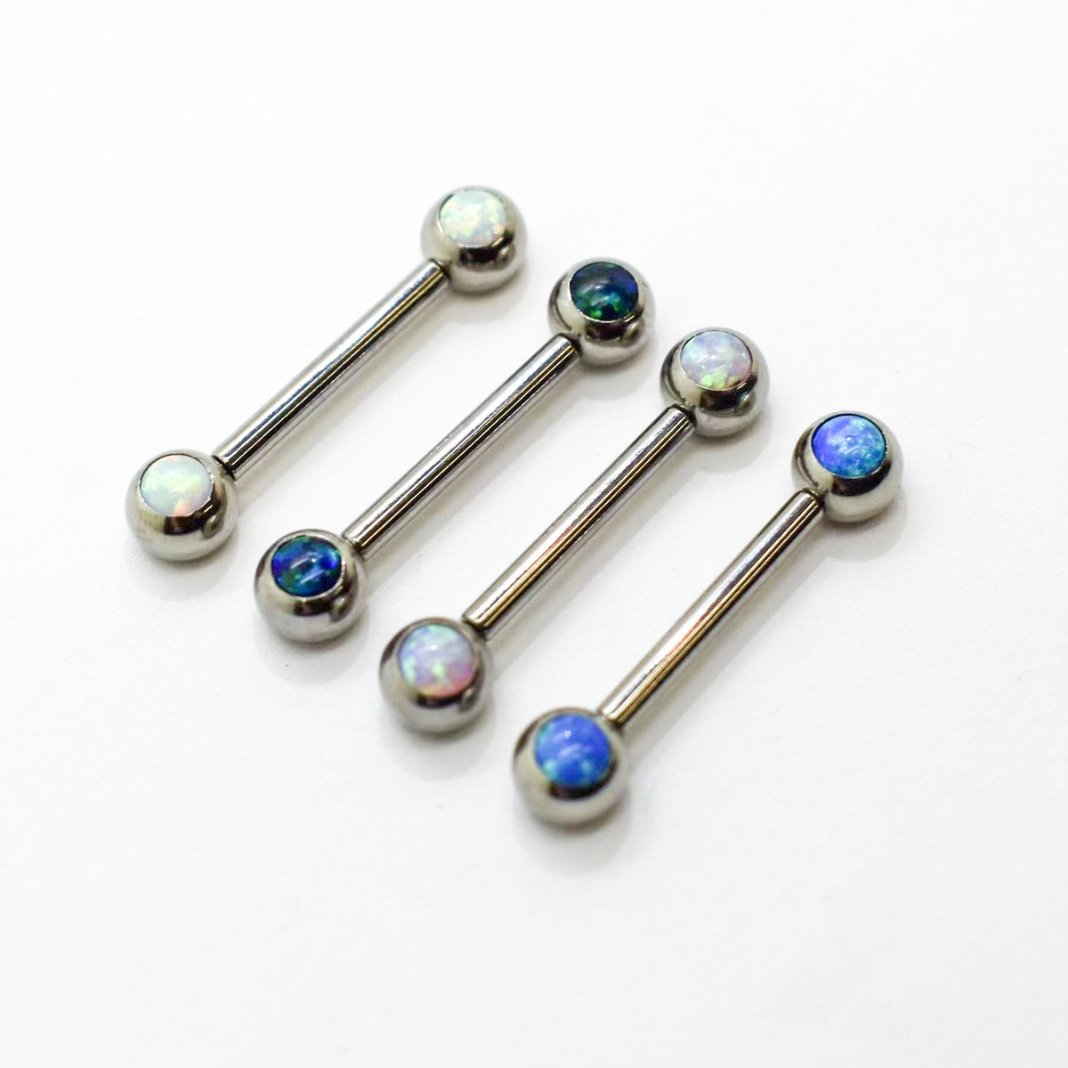 Titanium front-facing barbells with assorted synthetic opal colours