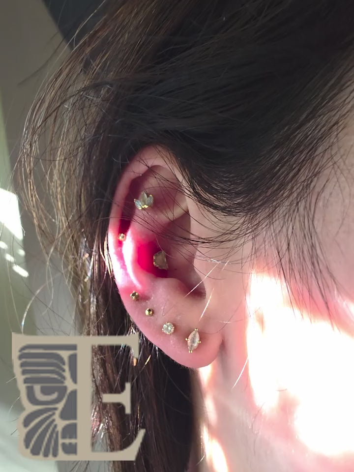 Layered ear jewelry shown in natural sunlight