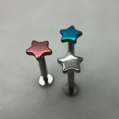 Pink, blue and polished titanium star ends on flat-back posts