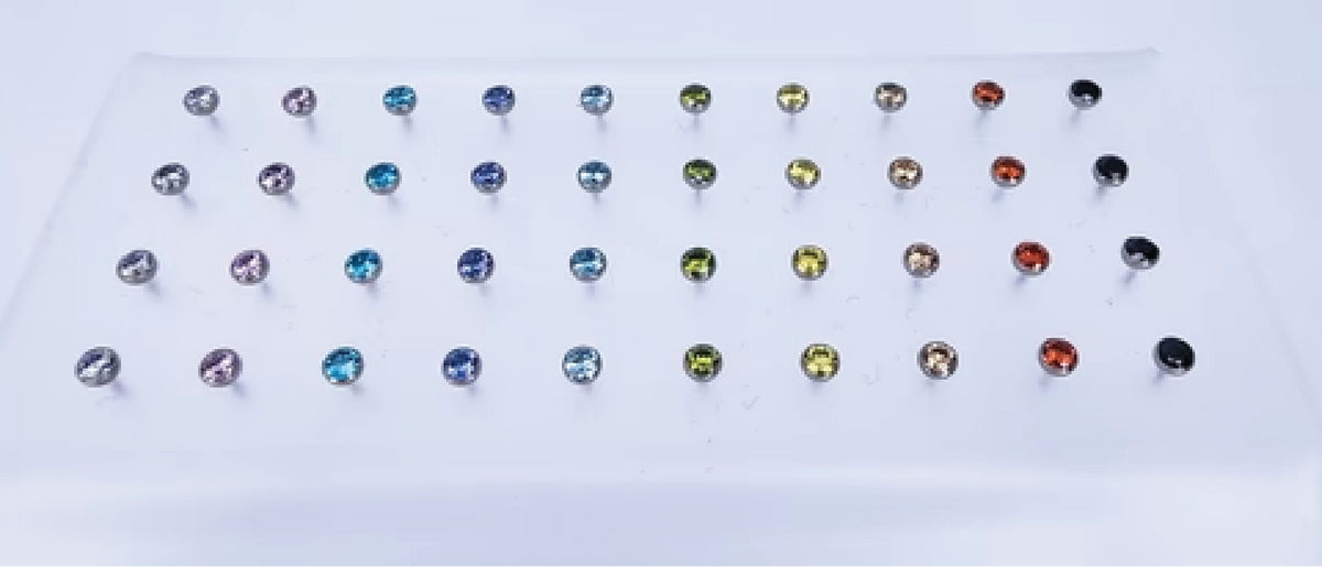 Titanium threadless gemstone ends arranged in a multicoloured grid