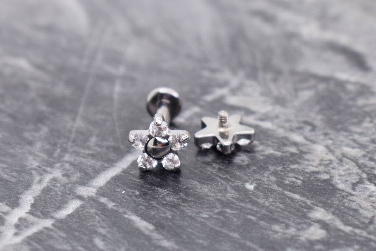Five-stone flower-shaped titanium jewelry ends with clear cubic zirconia