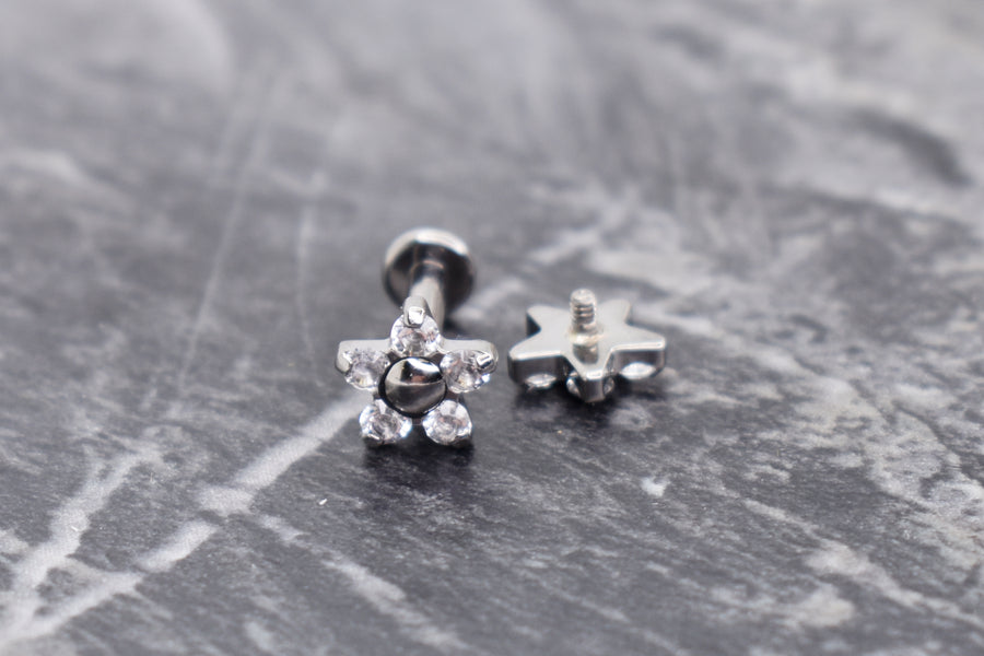 Five-stone flower-shaped titanium jewelry ends with clear cubic zirconia