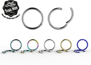Titanium hinged segment rings shown open and in assorted anodized colours