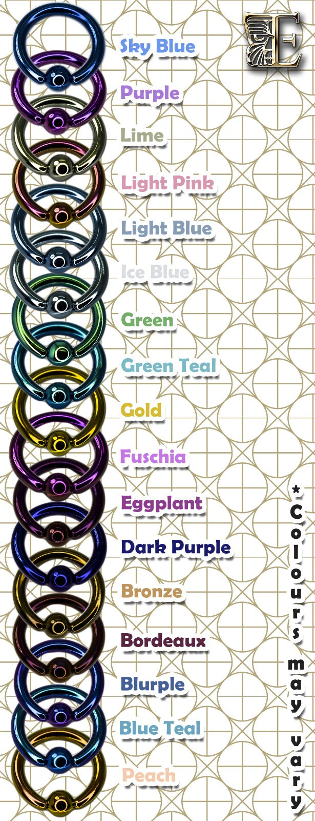 Titanium anodizing colour chart with polished and coloured rings