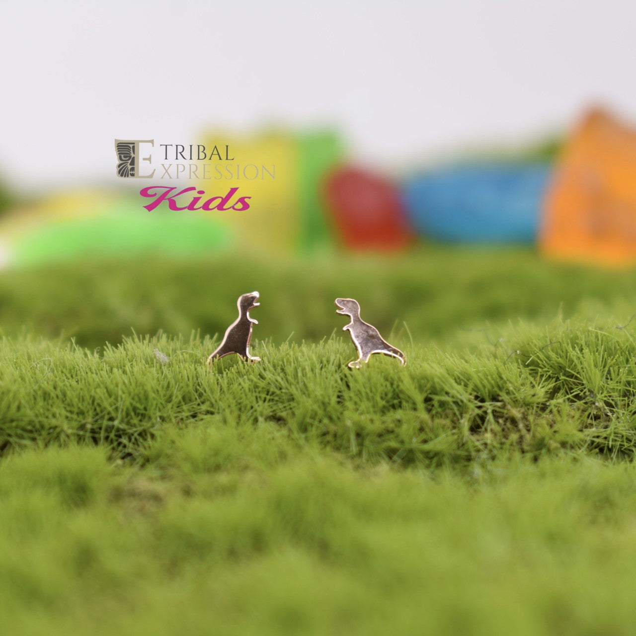 Left and right facing solid 14kt Gold Dinosaur threadless shapes. T-Rex.